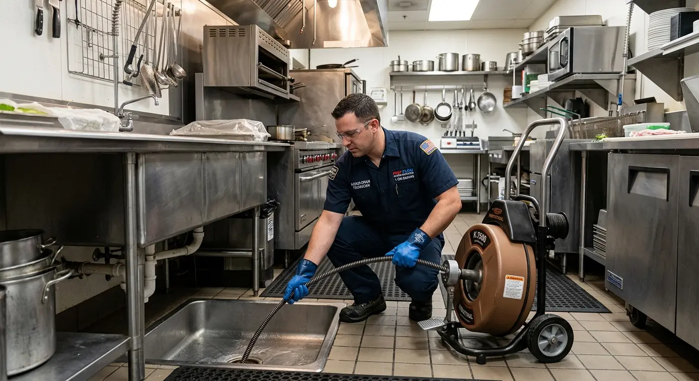 Commercial drain cleaning service in a restaurant kitchen in Loves Park