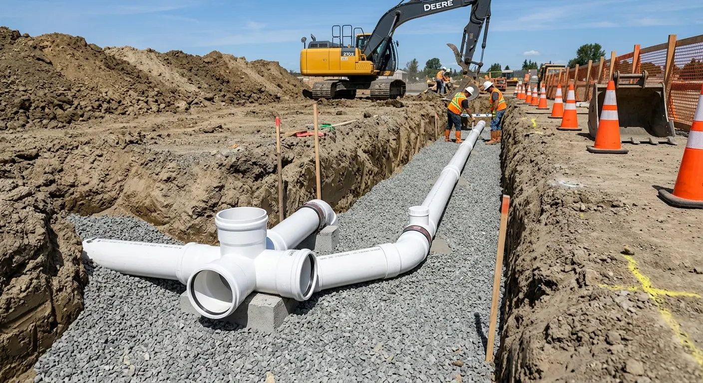 New PVC sewer pipe installation in open trench for Sewer Backup in Loves Park