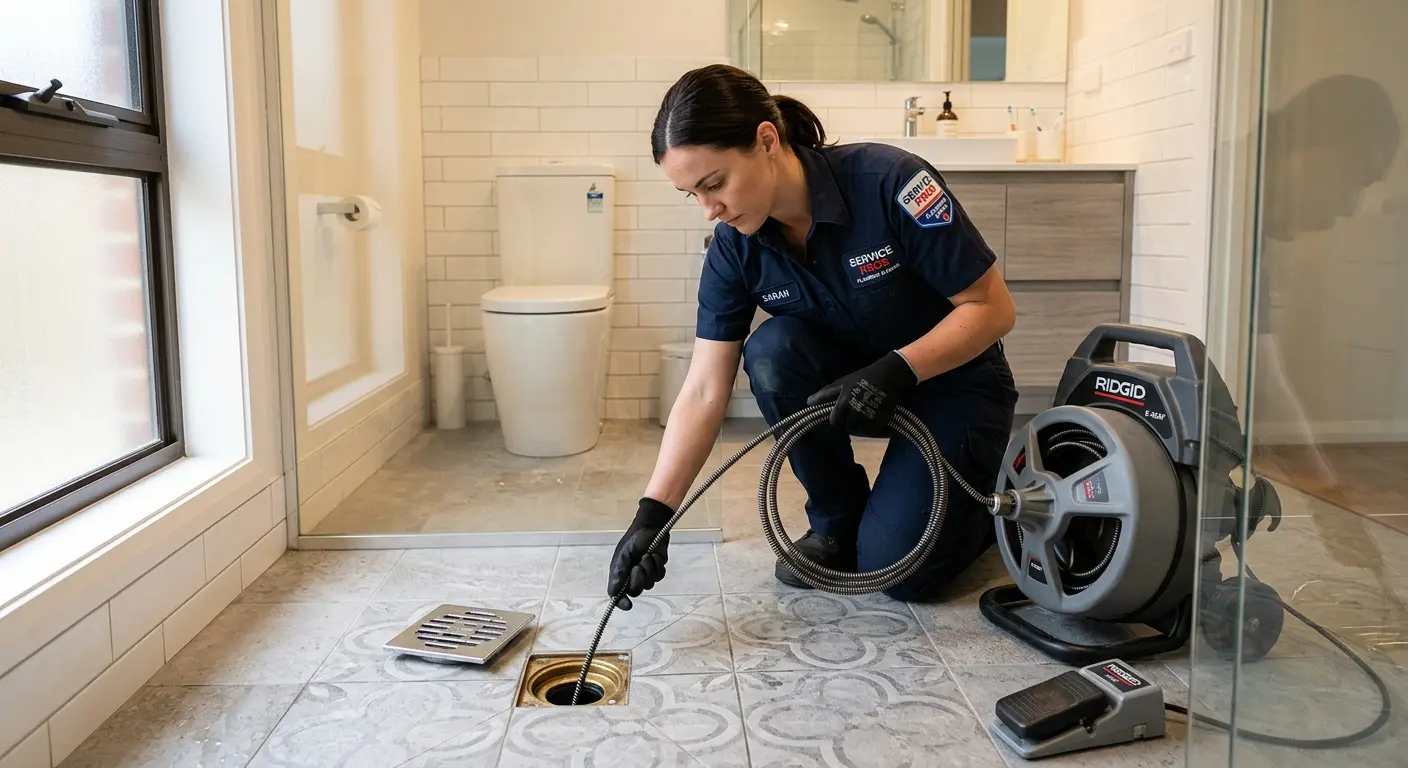 Technician clearing a bathroom floor drain for Drain Cleaning in Loves Park